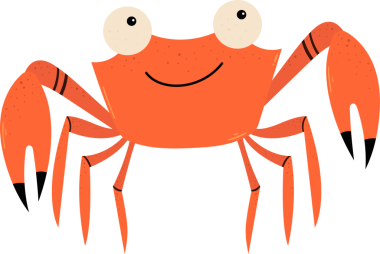 Bu, bir turuncu yengecin dijital karikatür tarzı görüntüsü. Kocaman gözleri, gülümseyen bir ağzı, siyah uçlu altı bacağı ve iki büyük pençesi vardır. Arkadaş canlısı ve davetkar görünüyor..