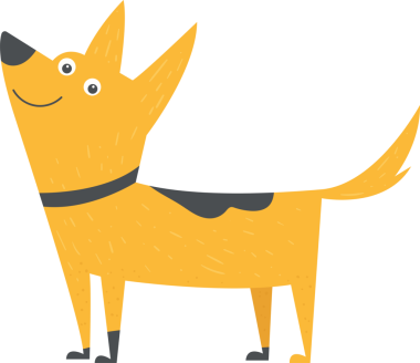 Yüzünde mutlu bir ifade olan, koyu renk yakalı sarı bir köpek. Çizimde düz renkler, biraz desenli detaylar ve basit bir arkaplan ile biçimlendirilmiş bir tasarım yer almaktadır. Köpek gülümsüyor ve kulakları dik duruyor..