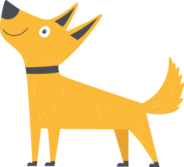 Resimde, sarı kürkü ve siyah yakası olan basitleştirilmiş çizgi film tarzı bir köpek yer alıyor. Uzun boylu, neşeli bir ifade ve boş bir arkaplan üzerine kurulmuş tasarım unsurlarıyla ayakta duruyor..