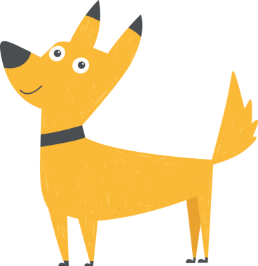 Turuncu paltolu ve üçgen kulaklı bir çizgi film köpeği siyah arka plana karşı duruyor. Köpeğin siyah bir yakası, üçgen bir burnu ve dostça bir ifadesi var. Resim basit ve sevimli..