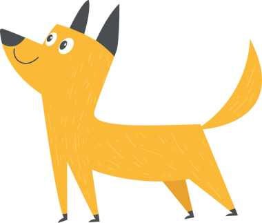 Bu resim, sarı kürklü ve koyu gri aksanlı neşeli, çizgi film tarzı bir köpeğe sahiptir. Köpek, meraklı ve mutlu bir ifadeyle ayakta duruyor ve yukarı bakıyor ve kuyruğu yukarıda..