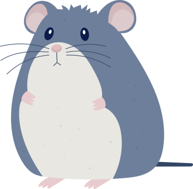 Dost canlısı bir farenin çizgi film tarzı bir çizimi. Fare ön pençeleri görünür bir şekilde dik duruyor. Sırtında ve kafasında gri kürkü ve göbeğinde beyaz kürkü var..
