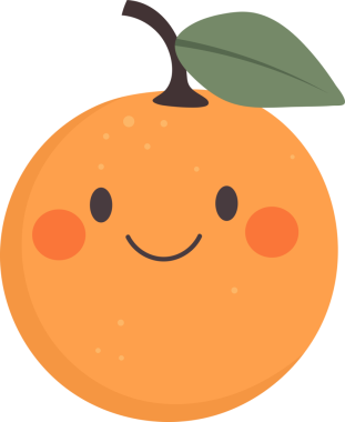 İki koyu göz, kavisli bir gülümseme ve pembe yanaklar içeren mutlu yüzlü bir portakalın neşeli bir karikatürü. Turuncu, düz bir zemine dayanan bir yaprak ve gövdeye sahiptir..