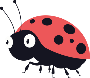 Resimli, çizgi film uğur böceği. Uğur böceği kırmızı kabuklu siyahtır. Kabukta birden fazla siyah nokta var. Uğur böceğinin büyük, çizgi film gibi gözleri vardır ve siyah bir arkaplan üzerine kuruludur..