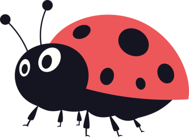 Karikatür tarzı uğur böceği, siyah bir zemin üzerinde tasvir edilir, parlak siyah bir baş, basit beyaz gözler, ve anten, siyah beneklerle süslenmiş canlı kırmızı kanatları, cazibesine katkı sağlar.