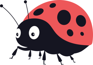 Siyah beneklerle süslenmiş canlı kırmızı kabuklu bir uğur böceğinin garip bir çizimi. Uğur böceğinin parlak siyah bir vücudu, altı bacağı ve belirgin bir anteni vardır. Arka plan simsiyah..