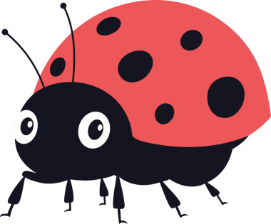 Siyah arka plana karşı bir uğur böceği çizgi filmi. Uğur böceğinin siyah lekeli kırmızı bir kabuğu, siyah bir kafası ve sevimli, geniş gözleri vardır. Bacakları ince ve narindir. İllüstrasyon basit ve çekici..