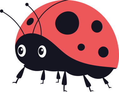 Bir uğur böceğinin karikatür tasviri, simsiyah bir arka planda sunulmuştur. Uğur böceğinin siyah benekli ve siyah bacaklı kırmızı bir kabuğu vardır. Kafadan iki anten uzanıyor..