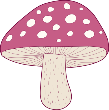 Beyaz benekli mor bir mantarın hoş bir vektör çizimi, şirin ve kaprisli bir mantar mantarı. Mantar siyah bir arkaplan üzerine kuruludur, basit ve eğlenceli bir sanat..