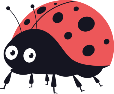 Siyah noktalarla süslenmiş kırmızı kabuklu bir uğur böceğinin çizimi. Böceğin siyah bir kafası ve gövdesi, altı bacağı ve antenleri vardır. Beyaz gözler ona karikatür gibi, sevimli bir bakış verir..