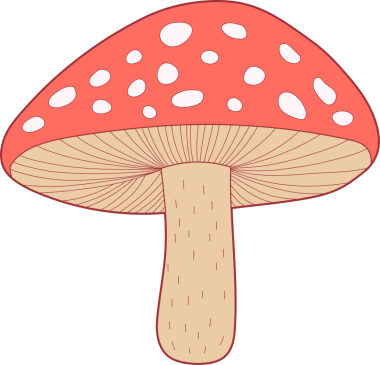 Şapkasında belirgin beyaz noktalar olan kırmızı bir mantarın garip bir vektör çizimi. Mantarın bej bir sapı ve solungaçları var. Siyah bir arkaplanda izole edilmiş, çizim stilize edilmiş ve karikatürize edilmiş..
