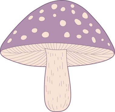 Beyaz benekli lavanta desenli, karikatürümsü bir mantar siyah arka planda oturur. Şapkanın altındaki solungaçlar açık tenli ve gövdesi pürüzsüz..