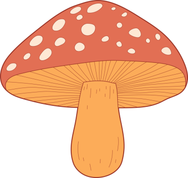 Beyaz beneklerle süslenmiş, kendine özgü kırmızı şapkalı bir mantarın tuhaf bir çizgi film çizimi. Mantarın şapkasının altında turuncu solungaçları vardır ve siyah bir arkaplana karşı kısa, şişman, açık kahverengi bir gövde üzerinde durur..