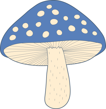 Siyah arka plandaki basit, renkli bir resimde beyaz benekli mavi bir mantar görülüyor. Mantarın açık tenli bir sapı var. Mantarın kapağının altında solungaçlar görünür..