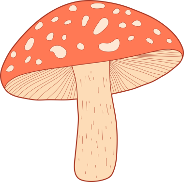 Dijital bir illüstrasyon şapkasında beyaz noktalar olan stilize edilmiş kırmızı bir mantarı gösteriyor. Mantarın şapkasının altında kalın bir gövdesi ve solungaçsı yapıları vardır. Tasarımı temiz ve çizgi film gibi..