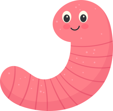 Şirin, pembe bir karikatür solucanı siyah bir zemine karşı sergileniyor. Solucan gülümsüyor ve büyük yuvarlak gözleri var. Görüntü oyuncu, arkadaş canlısı ve basit bir karakter tasarımı iletir.