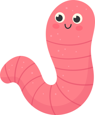 Neşeli bir çizgi film solucanı, canlı pembe bir renge bürünmüş, geniş gözleri ve pembe yanaklarıyla gülümsüyor. Solucanın vücudu segmente edilmiş, neşeli ve hareketli bir his ekliyor. Basit tasarım siyah arkaplanda göze çarpar..