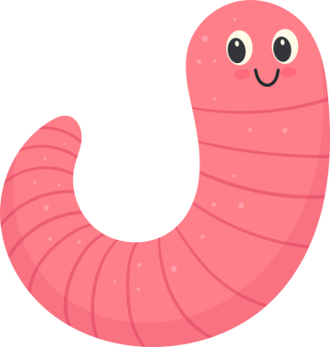 Çizilmiş, gülümseyen, siyah gözlü ve kıvrımlı vücutlu pembe bir solucan. Vücutta segmentli çizgiler var, detay ekliyor. Karakter, basit ve neşeli bir şekilde karanlık bir arkaplana karşı oluşturulur..