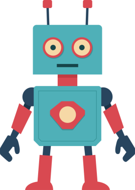 Neredeyse insan gibi duran mavi ve kırmızı bir robotun retro-stil çizimi. Robotun kare bir kafası, iki yuvarlak gözü ve basit bir anten sistemi var. Mutlu bir ifadesi var..