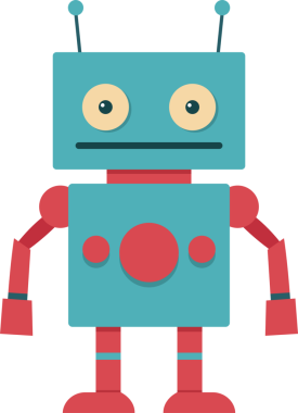 Antika bir robotun tuhaf düz vektör çizimi. Robot kırmızı kolları, bacakları ve dairesel göğüs tasarımı ile mavidir. Robotun yuvarlak gözleri ve ağız için basit bir çizgisi var..