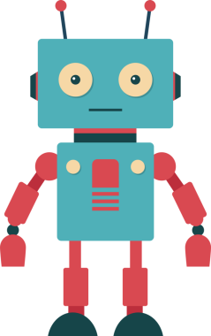 Klasik bir çizgi film tarzı robot, siyah bir arka plana karşı dimdik ayakta duruyor. Robotun kare bir kafası, büyük, masum gözleri ve dikdörtgenlerden yapılmış geometrik bir vücudu var..