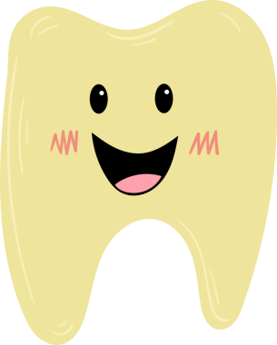 Açık sarı çizgi film dişi, geniş bir gülümseme, pembe dil ve pembe yanaklarla mutlu bir ifade. Arkaplan siyah, bu da çizimi öne çıkarıyor, basit çizgi film tarzı..