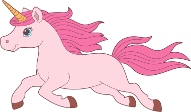 Açık pembe renkli tek boynuzlu at, üzerinde pembe yelesi ve kuyruğu, altın boynuzu ve mavi gözleri bulunan bir çizgi film karakteri tasvir edilir. Görüntü neşeli, fantastik ve büyülü bir temayı işaret ediyor..