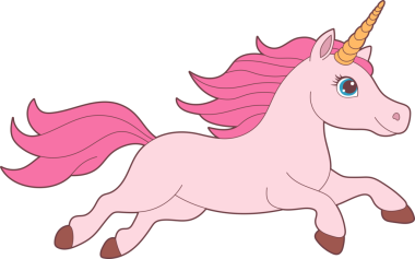 Pembe bir tek boynuzlu at, uzun pembe bir kuyruk ve yeleyi gösteriyor. Tek boynuzlu atın parlak altın bir boynuzu ve büyük mavi gözleri var ve saydam bir arkaplanı var..