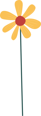 Bu resim, kırmızı bir merkezi çevreleyen altı sarı yapraklı bir çiçeğin tuhaf bir illüstrasyonunu gösteriyor. İnce, yeşil bir gövdesi var ve arka planı simsiyah. Sanat tarzı düz ve basittir..