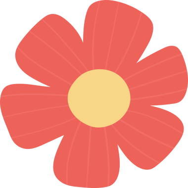 Canlı, stilize bir çiçek sağlam bir arka planda göze çarpar. Çiçek, ince çizgili mercan renkli taç yaprakları ve zıt bir açık sarı dairesel merkezle görsel bir ilgi yaratıyor..