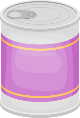 Bu, ortasında mor bir etiket bulunan gümüş renkli bir metal yiyecek kutusunun dijital bir illüstrasyonudur. Kutunun üst kısmında çekme sekmesi açılır ve etiketin üst ve alt kısmında altın bir şerit bulunur..