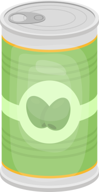 Bu çizgi film görüntüsü bir kutu zeytin sunar. Kutunun gümüş bir vücudu ve kapağı var. Ceset açık yeşil ve üzerinde iki zeytin bulunan beyaz bir oval etiket var. Kolayca açılabilen bir üst kapak var..