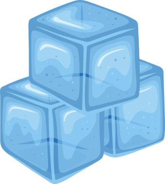 Üç kare buz yığını çizgi film tarzında sunuluyor. Küpler yuvarlak kenarlı ve şeffaf detaylarla açık mavi renktedir. Doku, içecekler için soğutma etkisi olduğunu gösteriyor..