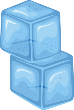 Bir çift açık mavi buz kübü üst üste istiflenmiş. Yuvarlak kenarlarıyla şeffaf görünüyorlar. Buz küpleri çizgi film tarzında çizilmiş, canlandırıcı bir içecek ilavesi öneriliyor..