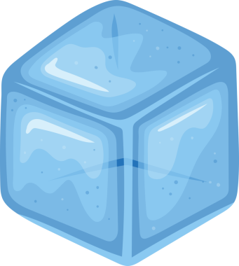 Bu, yuvarlak kenarları ve küçük kabarcıkları olan açık mavi bir buz küpünün çizgi film çizimi. Buz kübü ışığı yansıtır ve kırarak şeffaf bir görünüm yaratır..