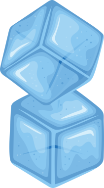 Görüntü, iki şeffaf, açık mavi buz küpünün dikey olarak siyah bir arkaplana karşı istiflendiğini gösteriyor. Küplerin kenarları yuvarlak ve ışık kırıkları onlara üç boyutlu görünüm veriyor..