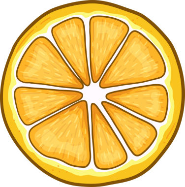 Bir narenciye diliminin canlı bir çizimi, dokulu yüzeyi ve karikatüre benzer hatları olan segmentli bölümleri sergiliyor. Meyve sarı ve turuncunun parlak tonlarını sergiler.