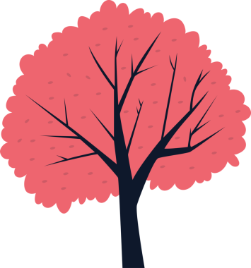 Bir ağaç çizimi siyah dalları ve pembe yaprakları olan koyu bir gövdeye sahiptir. Ağacın farklı bir şekli var. Arkaplan simsiyah. Ağacın renkli yapraklarının öne çıkmasını sağlıyor..