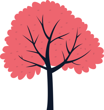 Koyu, çıplak dalları ve parlak kırmızı yaprakları olan yaprak döken bir ağacın çizgi film stili çizimi. Ağaç siyah bir arkaplan üzerine kuruludur, çarpıcı bir kontrastla basit, grafik bir görünüm yaratır..