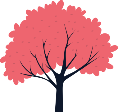 Siyah arka planda pembe yapraklar ve koyu gri dallar olan bir çizgi film ağacı tasviri. Pembe yapraklar göze çarpıyor, ince yaprak detaylarıyla tasarıma cazibe katıyor..