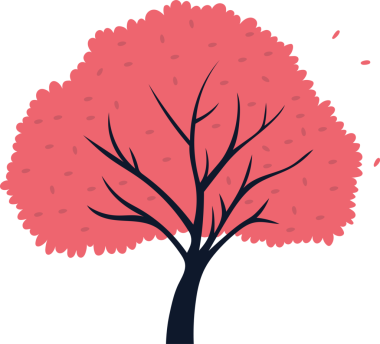 Sanatsal, dijital bir illüstrasyon koyu mavi gövdeli ve dalları yoğun, mercan pembesi çiçekleriyle kaplı bir ağacı gösteriyor. Çiçekler de ağaçtan düşüyor gibi görünüyor. Arkaplan simsiyah..