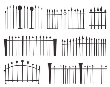 Bu resim, her biri siyah bir siluet olarak yapılmış birkaç çit tasarımını sergiliyor. Çitler farklı şekil ve mızrak başlıklarına sahip, stil olarak farklılık gösteriyor..