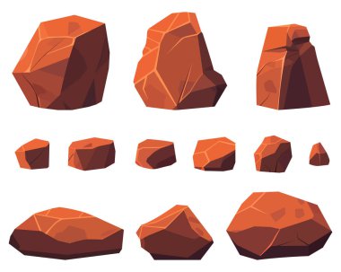 Farklı boyutlarda ve şekilli kayalar, resimsel bir şekilde sergilenir. Kayaların kenarları pürüzlü, tonları kahverengi ve kırmızımsı..