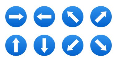 Sağ, sol, yukarı, aşağı ve çapraz olarak beyaz bir arkaplanda gösterilen farklı yönleri gösteren sekiz mavi oklu navigasyon işareti.