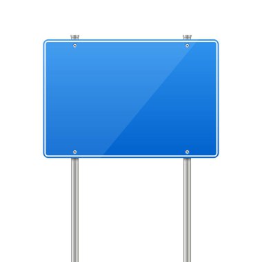 İnce beyaz kenarı olan boş, dikdörtgen bir mavi tabela iki metal direk tarafından desteklenmektedir. İşaret temiz ve parlak, ışığı yansıtıyor. Beyazda izole edilmiş.