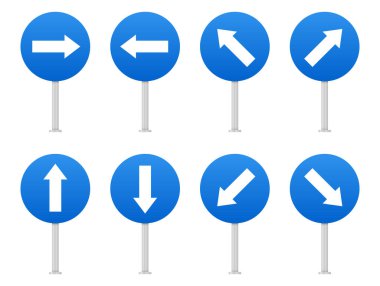 Sekiz mavi dairesel işaret, her biri farklı yönleri gösteren beyaz bir ok içeriyor: sağ, sol, yukarı, aşağı, ve çeşitli köşegen açılar,.