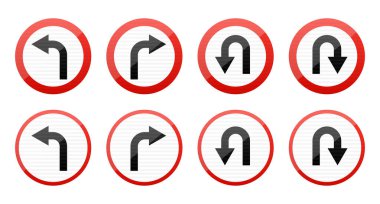 Görüntü, beyaz arkaplan ve kırmızı kenarlı trafik işaretleri koleksiyonunu gösteriyor. İşaretler sol ve sağ dönüşler ve U dönüşleri de dahil olmak üzere çeşitli dönüş talimatlarını gösterir.