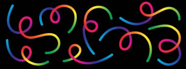 Simsiyah arka planda çoklu gökkuşağı renkli girdaplar içeren oyuncu ve soyut bir desen. Tasarım, basitliğinde eğlence, enerji ve yaratıcılığı iletir..