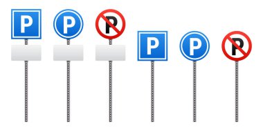 Park yeri ya da park yasağı işaretleri var. Üç tane park levhası ve üç tane park yasağı levhası var. Hepsi de beyaz arka planda..