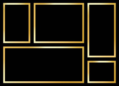Minimalist bir arkaplan, siyah bir zemin karşısında bir dizi altın çerçeve sunar. Çerçevelerin geometrik düzenlenmesi parlak, modern bir estetik tasarım yaratıyor..  